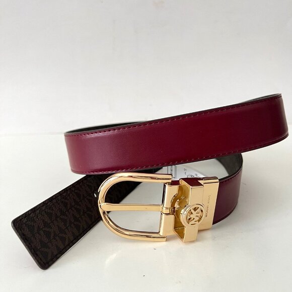 NEW Michael Kors Reversible Leather Burgundy & Monogram Belt, Buckle Logo-Unisex - Picture 7 of 14